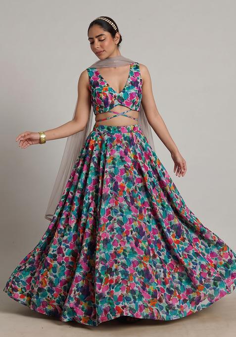 Multi Color Abstract Print Silk Blend Lehenga Set