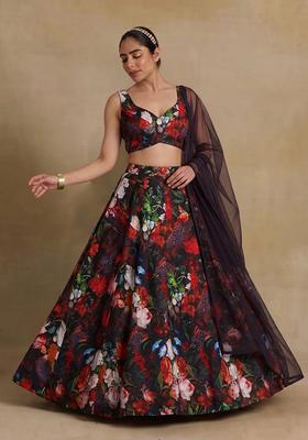 Black Printed Chinon Lehenga Set