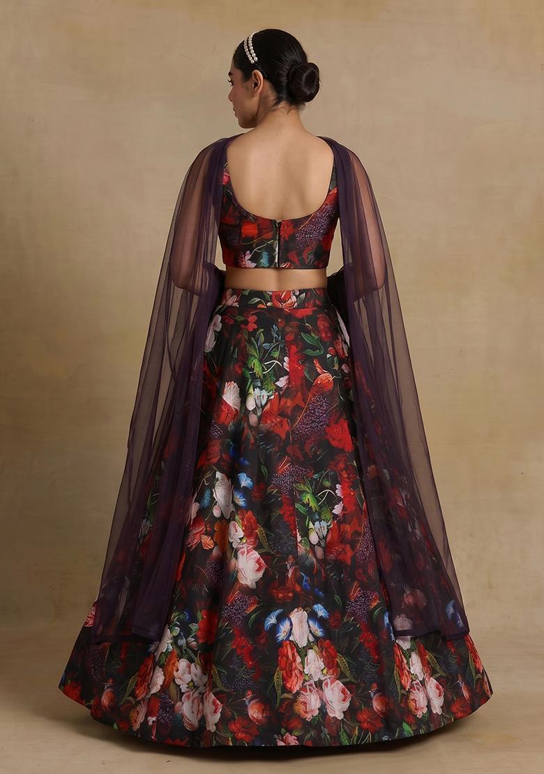 Black Printed Chinon Lehenga Set - Indya