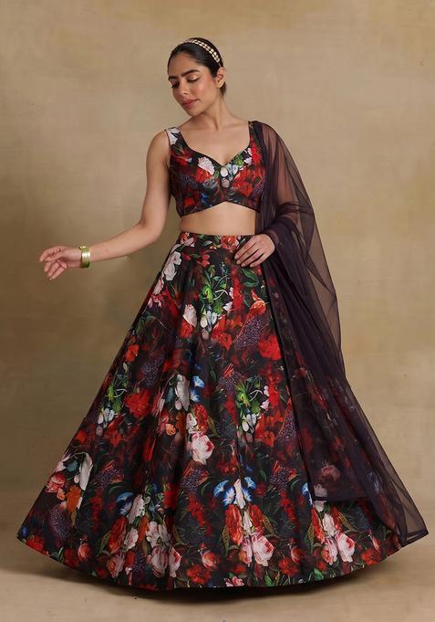 Black Floral Print Silk Blend Lehenga Set