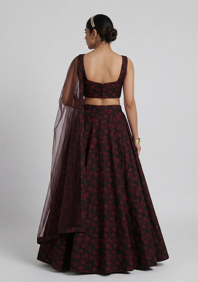 Maroon Printed Poly Blend Lehenga Set - Indya