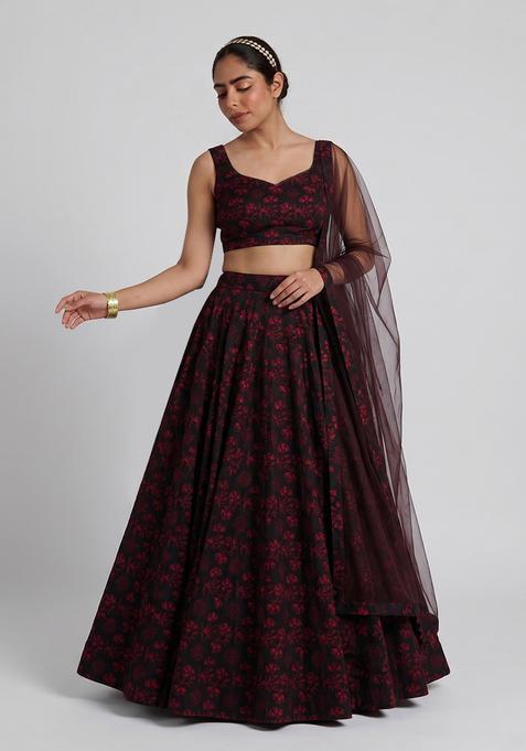 Maroon Floral Print Silk Blend Lehenga Set