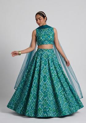 Teal Green Printed Chinon Lehenga Set