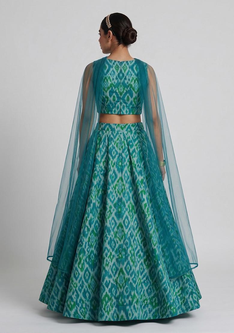 Teal Green Printed Chinon Lehenga Set - Indya