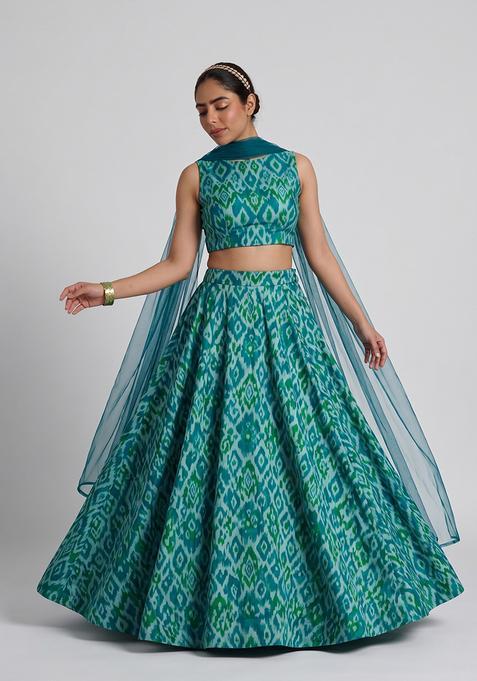 Teal Green Printed Silk Blend Lehenga Set