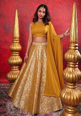 Mustard Jacquard Jacquard Brocade Lehenga Set