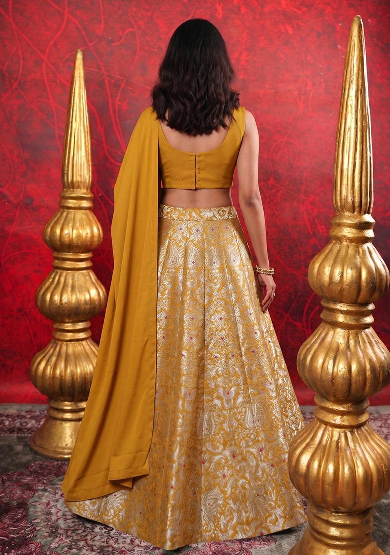Mustard Jacquard Jacquard Brocade Lehenga Set - Indya