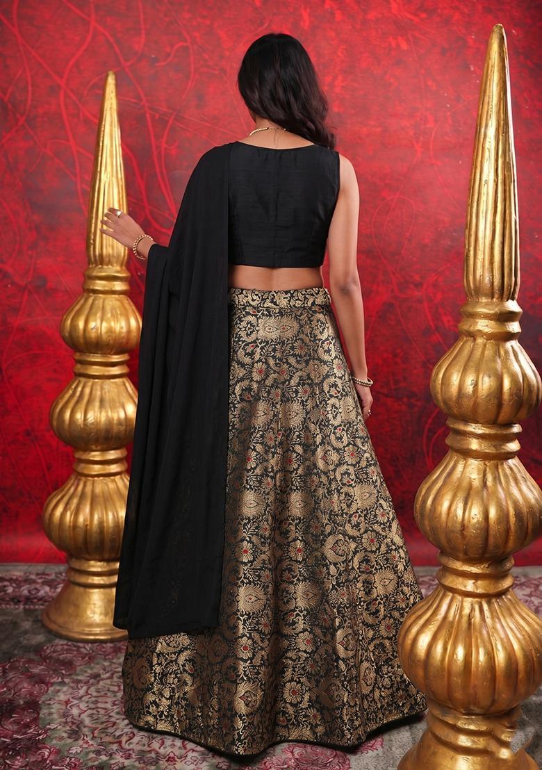 Black Jacquard Brocade Lehenga Set - Indya