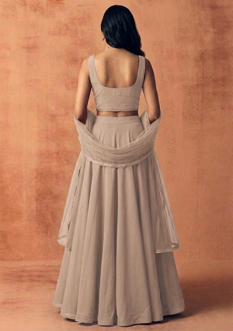 Beige Embroidered Handwork Lehenga Set - Indya