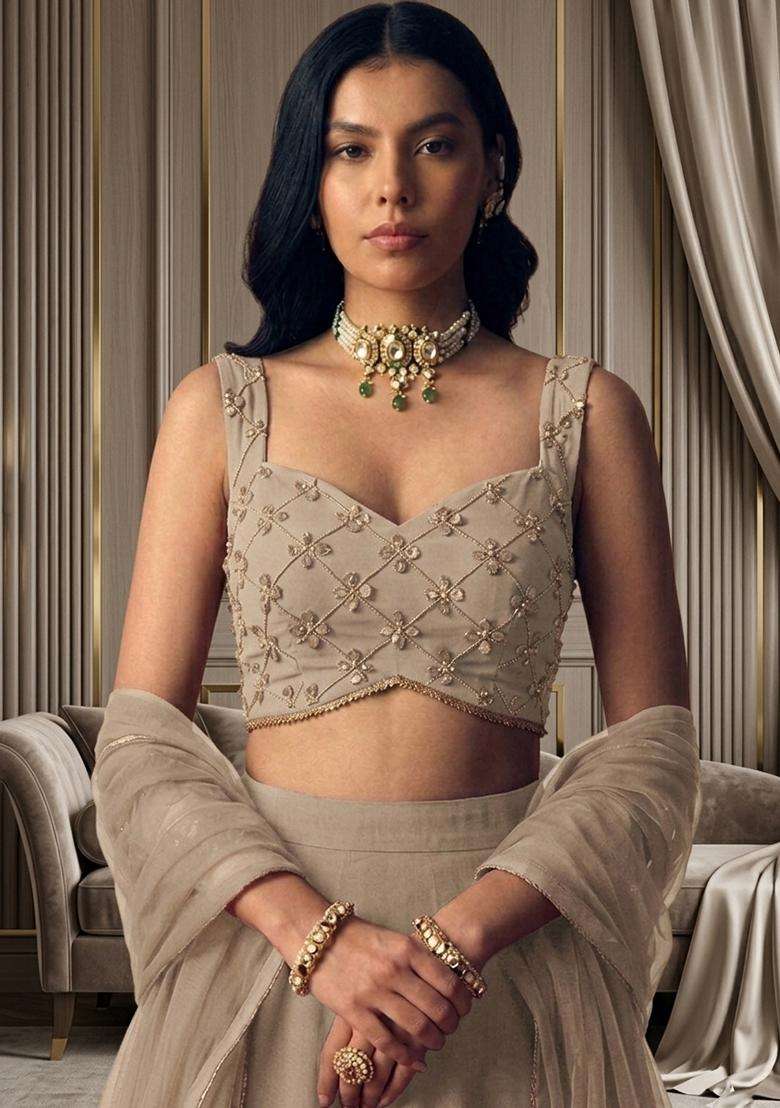 Beige Embroidered Handwork Lehenga Set - Indya
