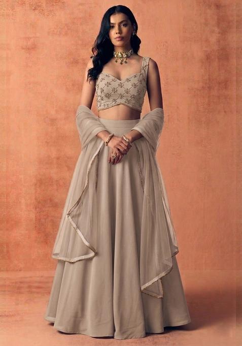 Beige Silk Blend Handwork Lehenga Set