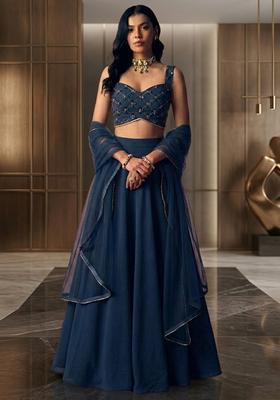 Navy Blue Embroidered Handwork Lehenga Set