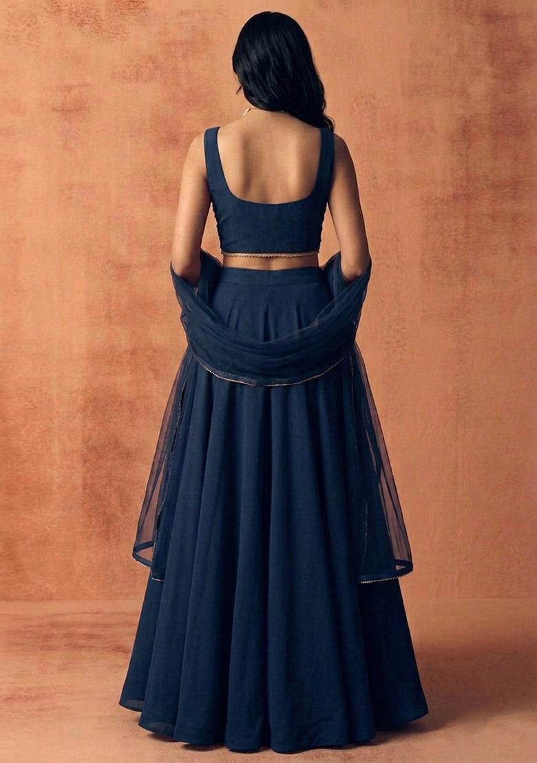 Navy Blue Embroidered Handwork Lehenga Set - Indya