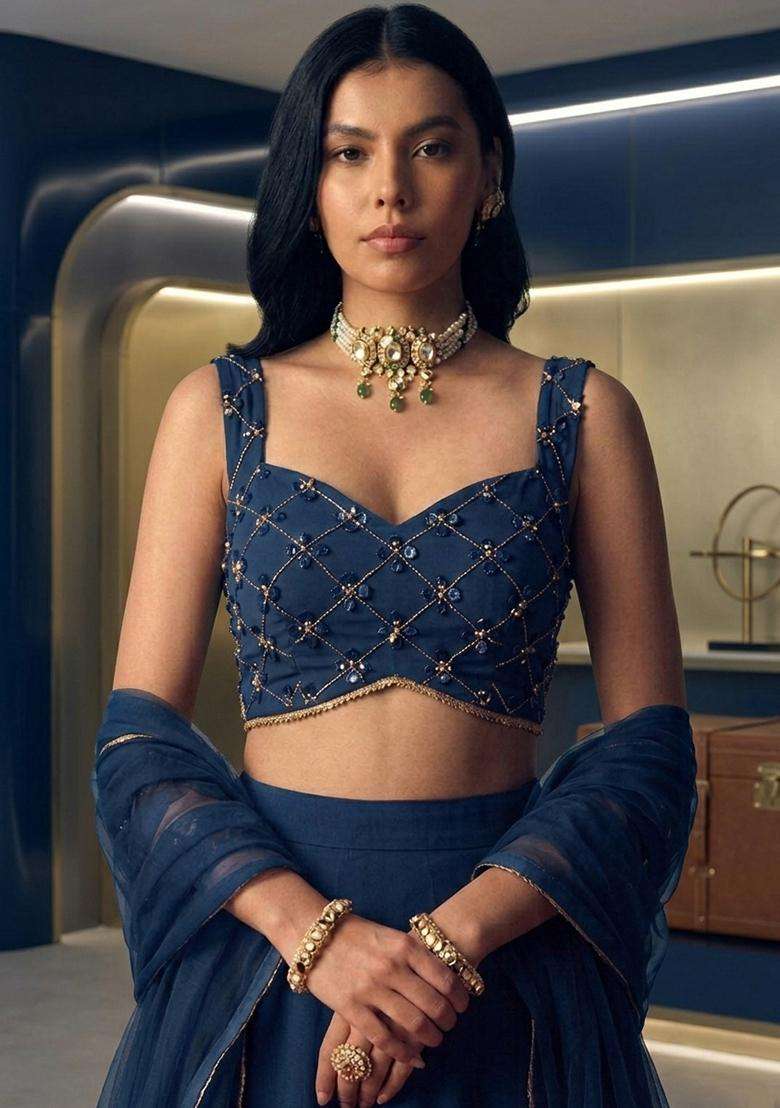 Navy Blue Embroidered Handwork Lehenga Set - Indya