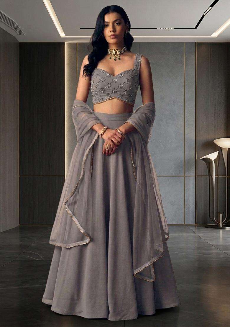 Grey Silk Blend Handwork Lehenga Set - Indya