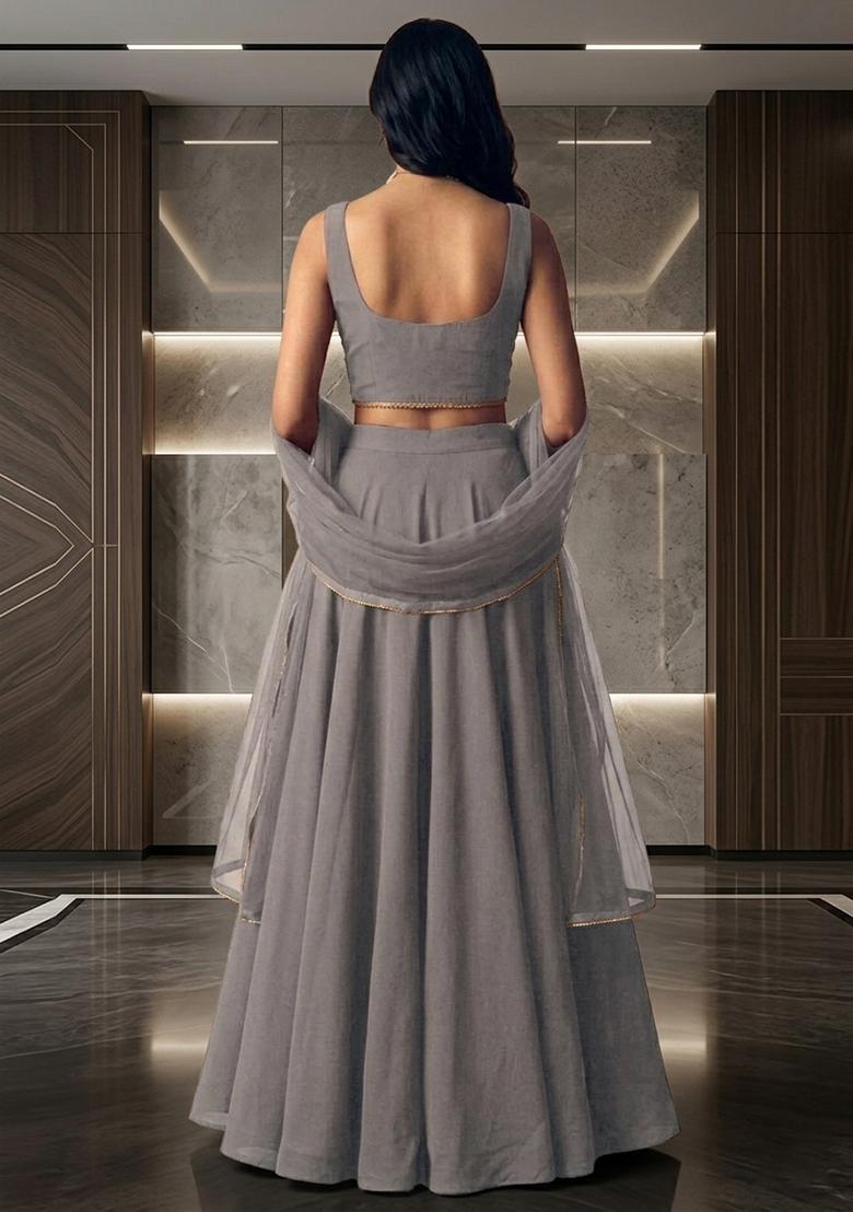 Grey Silk Blend Handwork Lehenga Set - Indya