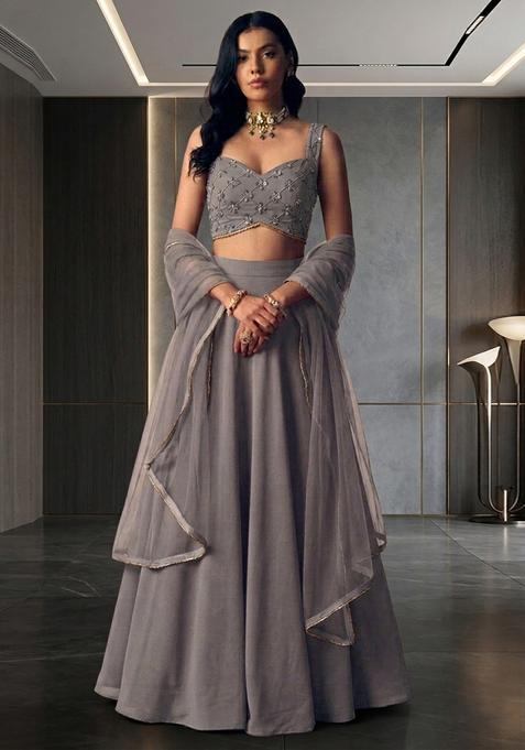 Charcoal Grey Embroidered Handwork Lehenga Set