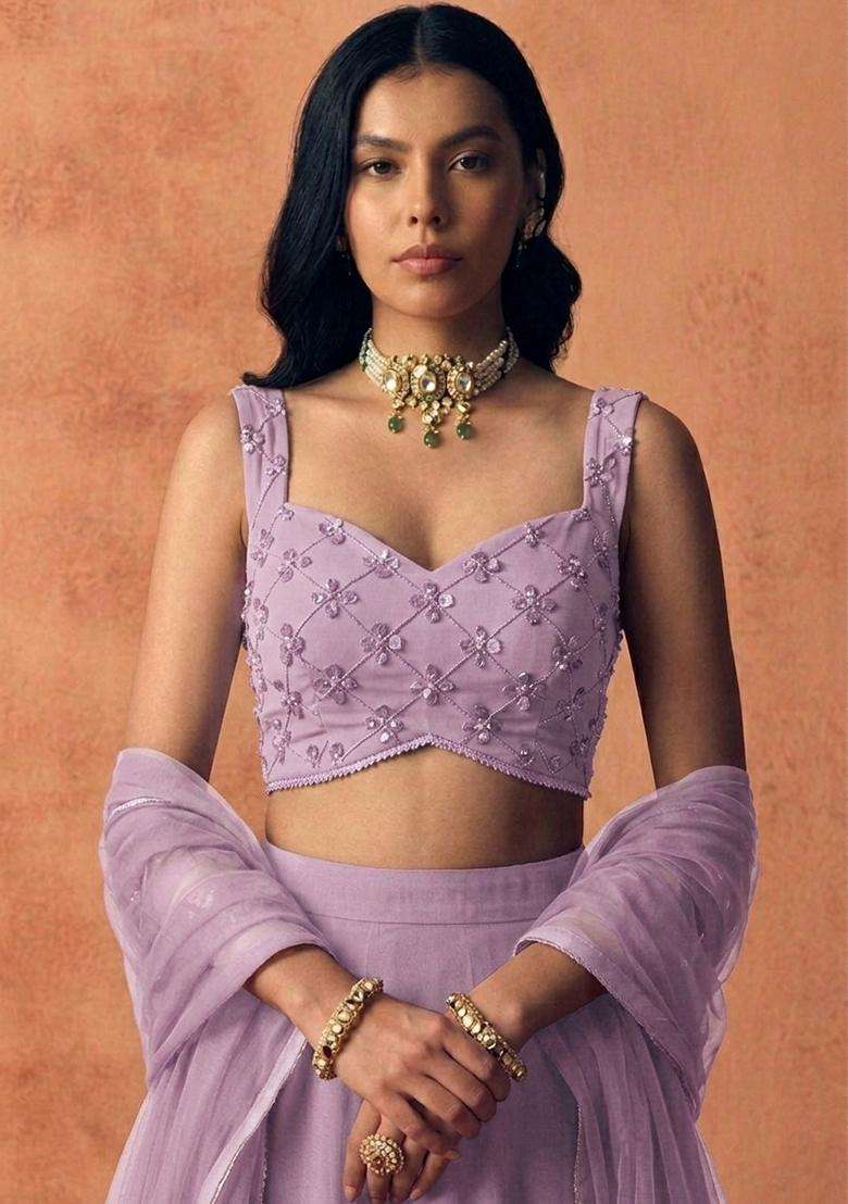 Lilac Embroidered Handwork Lehenga Set - Indya