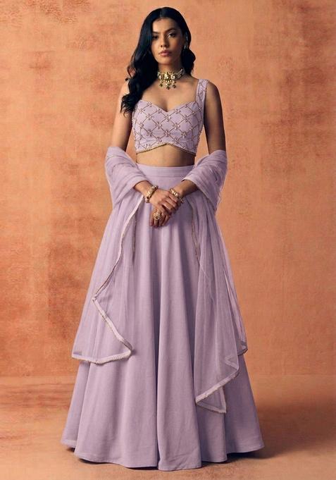 Lilac Embroidered Handwork Lehenga Set