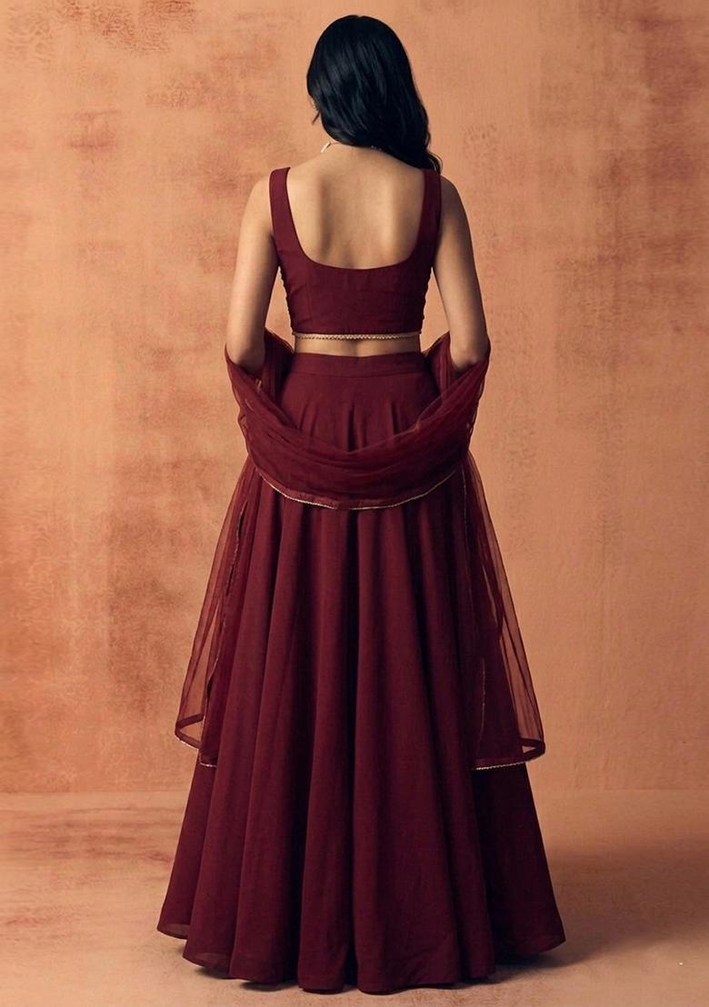 Maroon Embroidered Handwork Lehenga Set - Indya