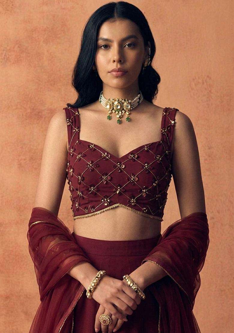 Maroon Embroidered Handwork Lehenga Set - Indya