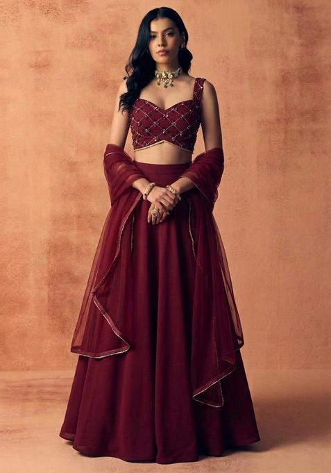 Maroon Embroidered Handwork Lehenga Set