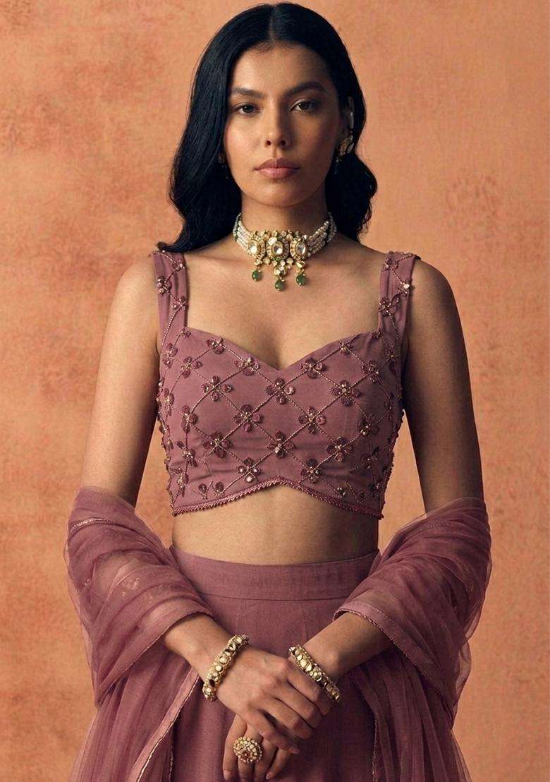 Mauve Embroidered Handwork Lehenga Set - Indya