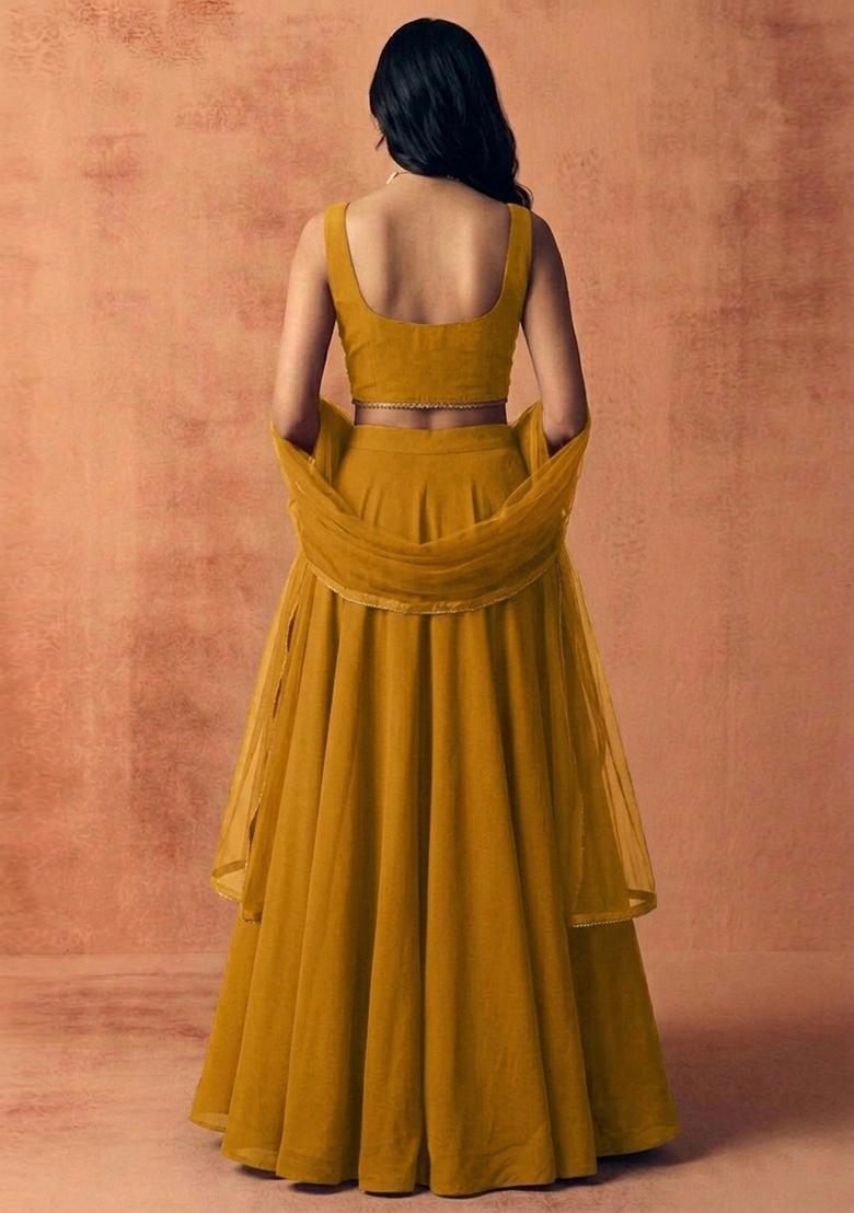Mustard Embroidered Handwork Lehenga Set - Indya