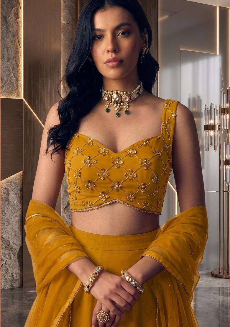 Mustard Embroidered Handwork Lehenga Set - Indya