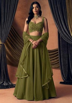 Olive Green Embroidered Handwork Lehenga Set