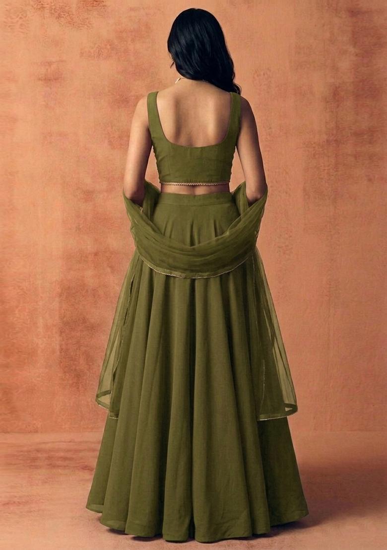 Olive Green Embroidered Handwork Lehenga Set - Indya