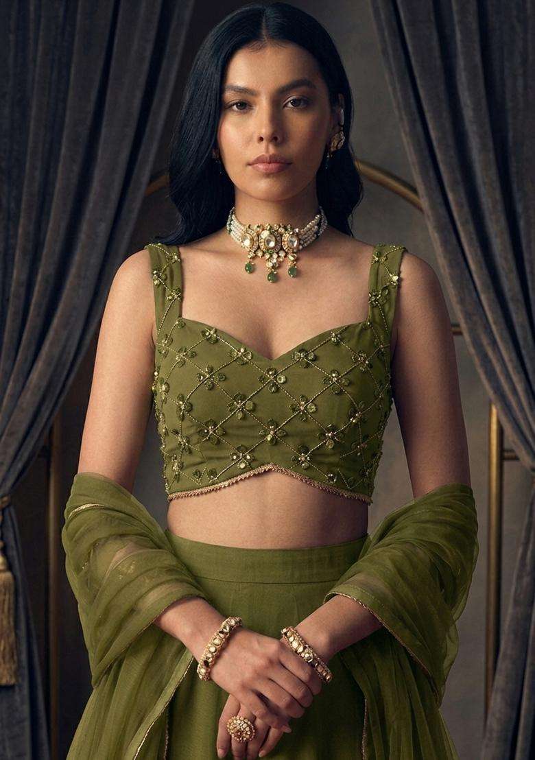 Olive Green Embroidered Handwork Lehenga Set - Indya