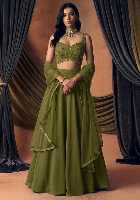 Olive Green Embroidered Handwork Lehenga Set