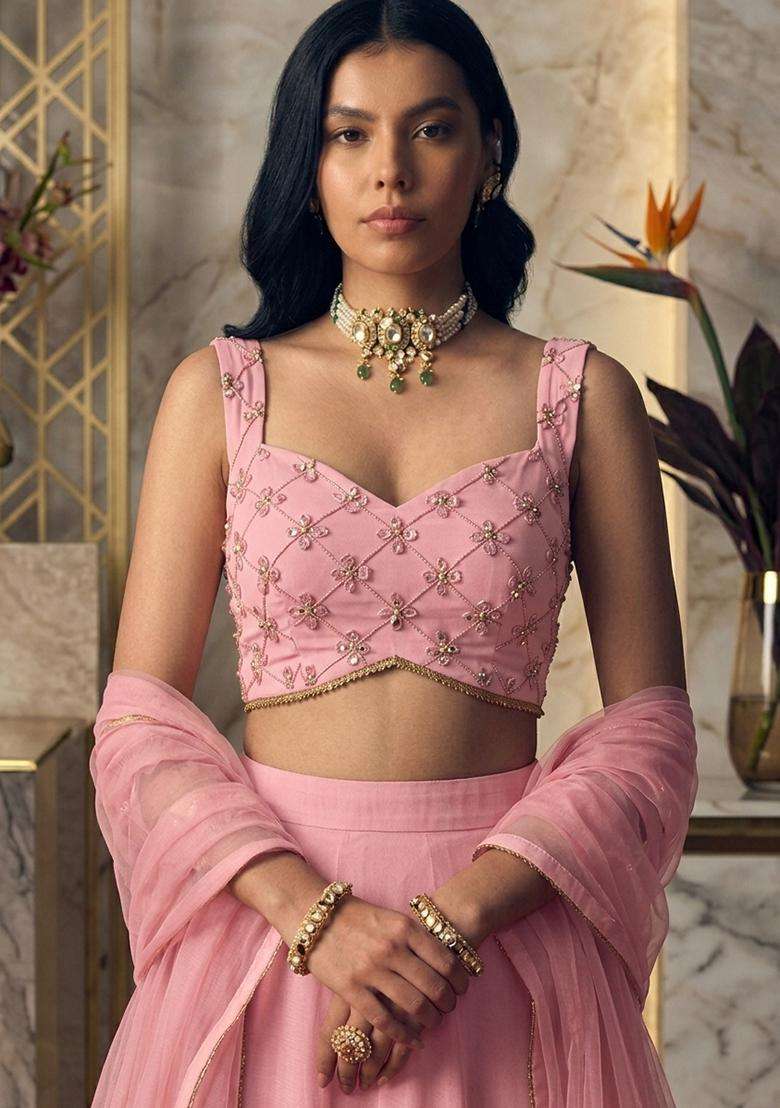 Baby Pink Embroidered Handwork Lehenga Set - Indya