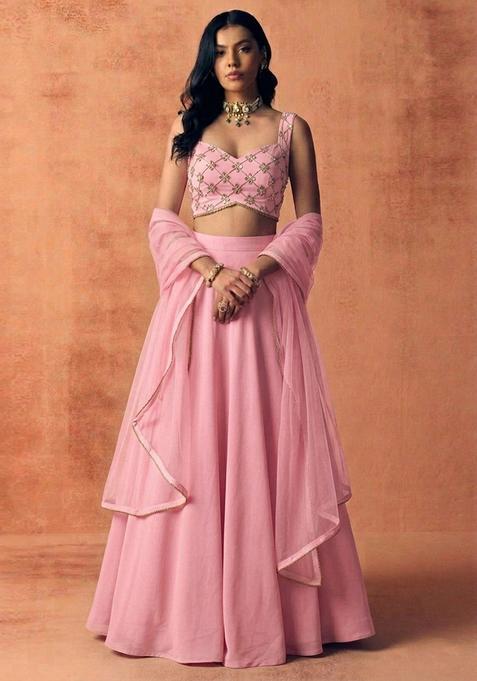 Baby Pink Silk Blend Handwork Lehenga Set