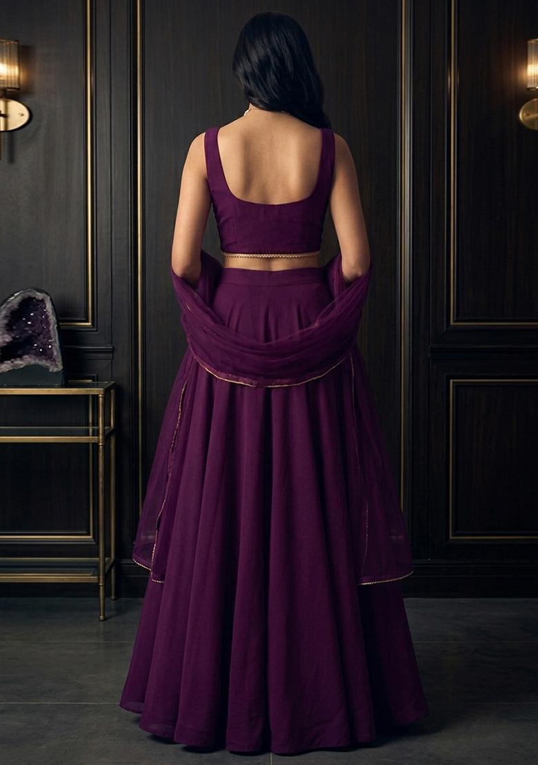 Deep Purple Embroidered Handwork Lehenga Set - Indya