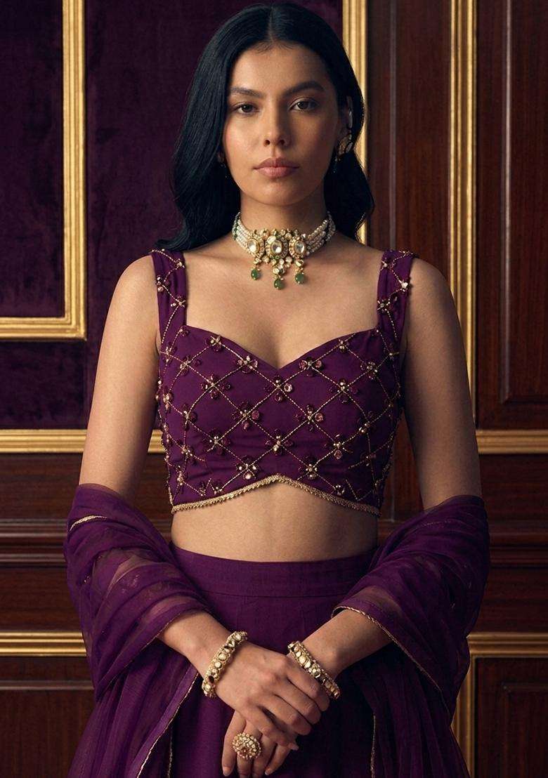 Deep Purple Embroidered Handwork Lehenga Set - Indya