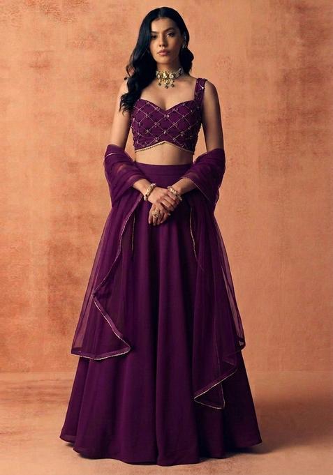 Deep Purple Embroidered Handwork Lehenga Set
