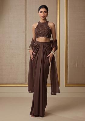 Chocolate Brown Embroidered Handwork Fusion Set