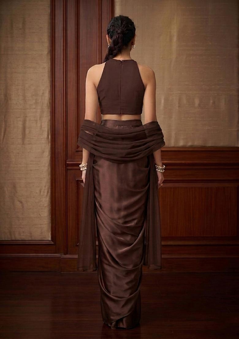 Chocolate Brown Embroidered Handwork Fusion Set - Indya
