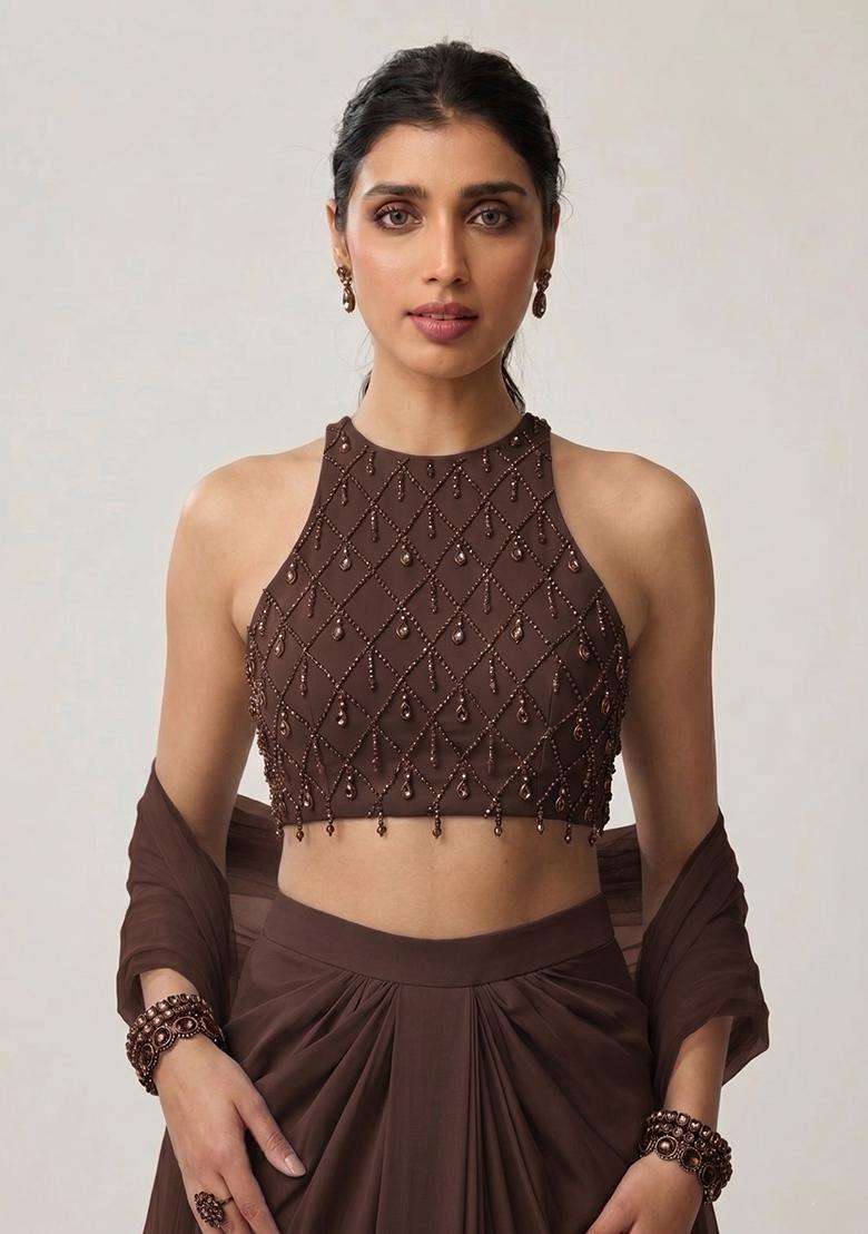 Chocolate Brown Embroidered Handwork Fusion Set - Indya