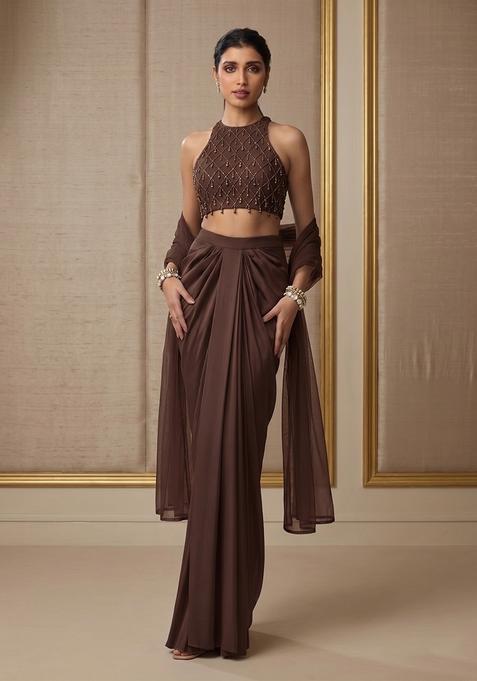 Chocolate Brown Silk Blend Handwork Fusion Set