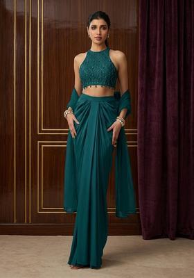 Teal Embroidered Handwork Fusion Set