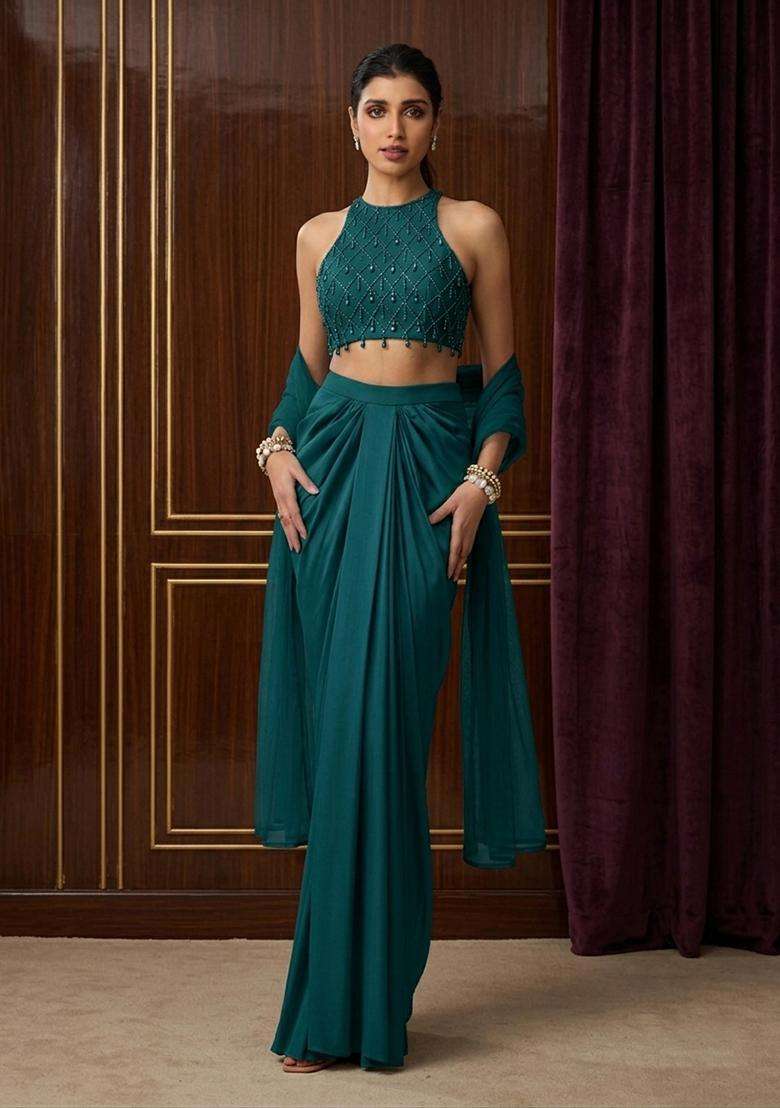 Teal Embroidered Handwork Fusion Set - Indya