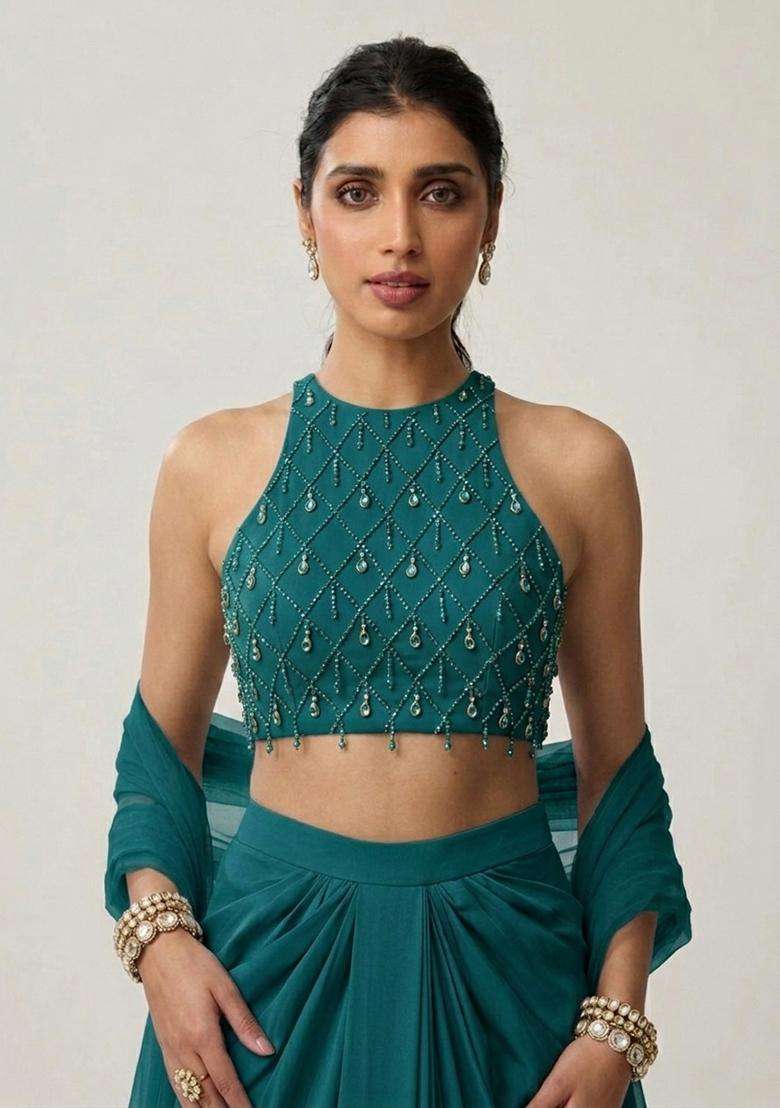 Teal Embroidered Handwork Fusion Set - Indya