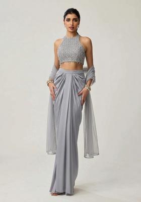 Grey Embroidered Handwork Fusion Set