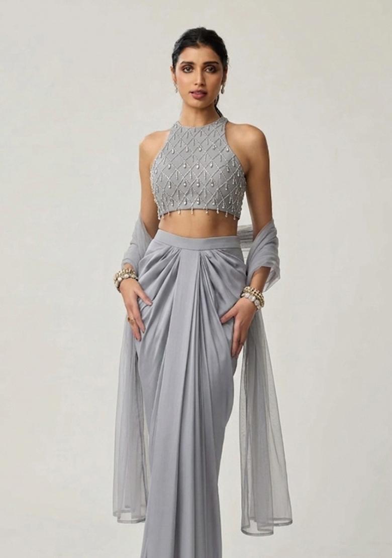 Grey Embroidered Handwork Fusion Set - Indya