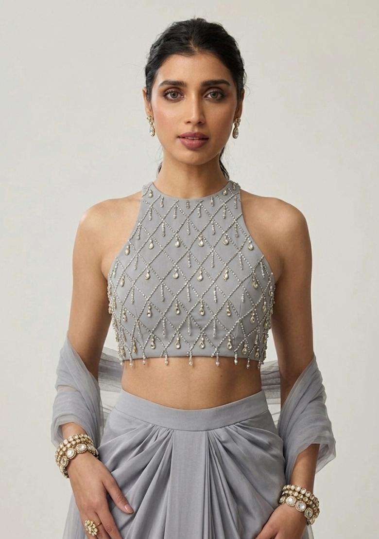 Grey Embroidered Handwork Fusion Set - Indya