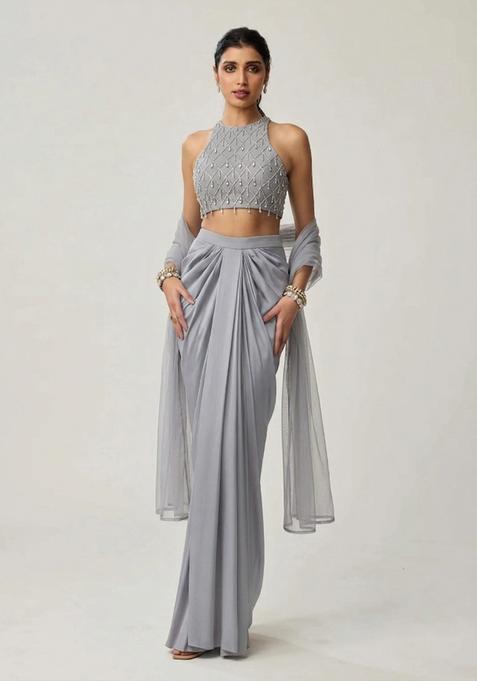 Grey Embroidered Handwork Fusion Set