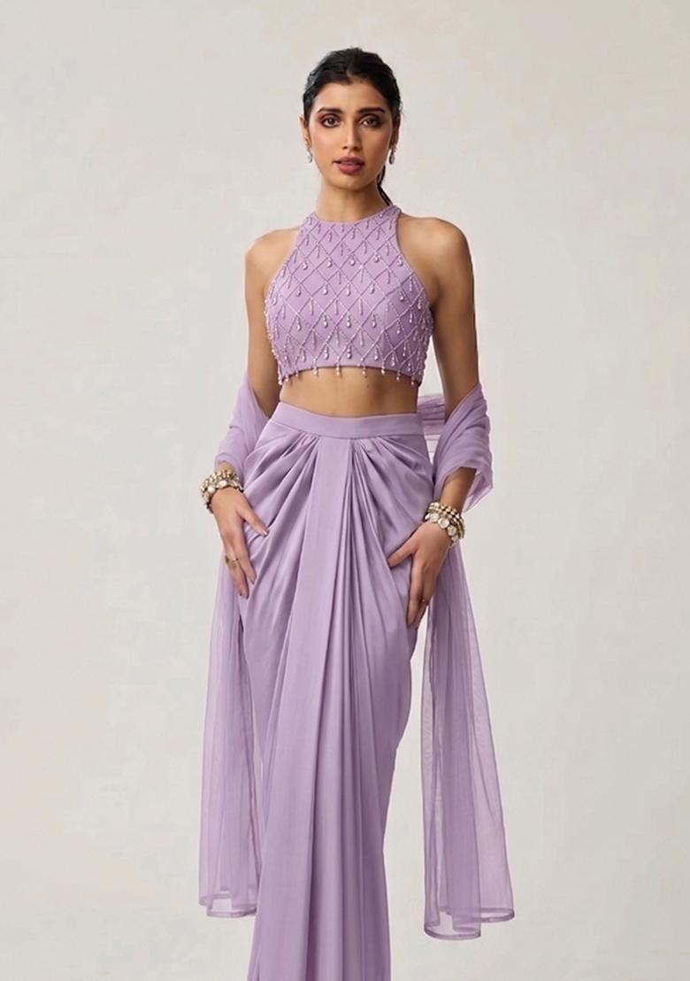 Lavender Embroidered Handwork Fusion Set - Indya